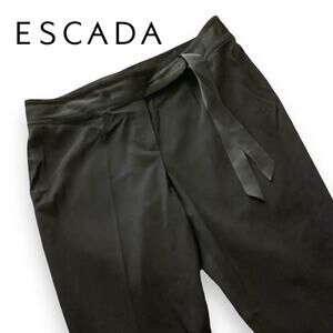 Escada Black Wool Dress Pants Sz 40 Large 10/12 Ribbon Belt Trouser Wide Leg